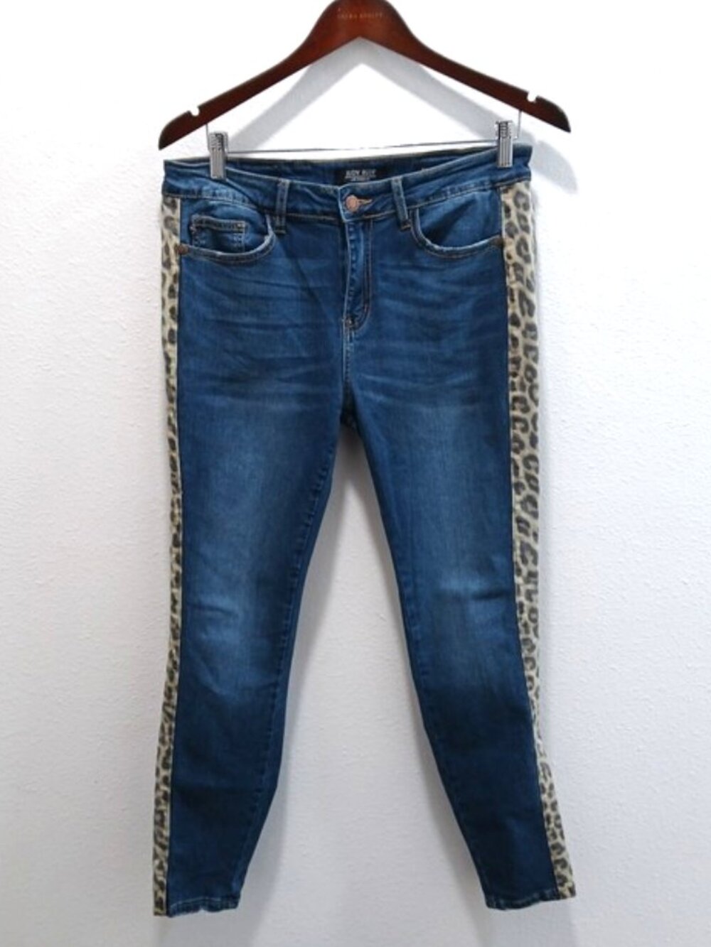 Judy Blue Skinny Jeans Leopard Side Stripe Blue Denim 13/31 Mid Rise Distressed